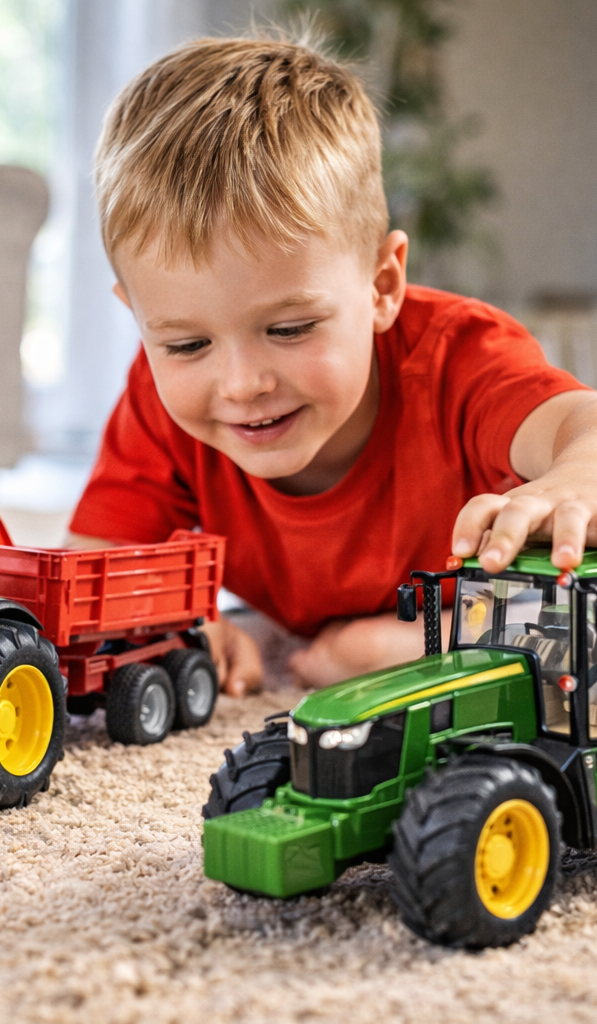 Dziecko bawiące się traktorami zabawkowymi Bruder na dywanie w domu