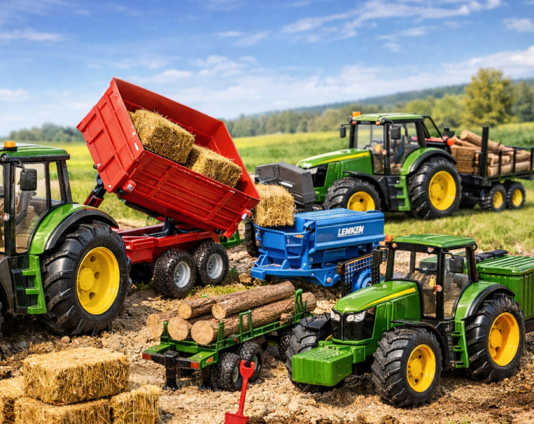 Traktor zabawka dla dziecka Bruder z przyczepą i akcesoriami rolniczymi podczas zabawy na farmie